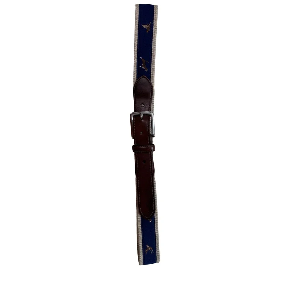 KMM Mens Ribbon Belt Navy Blue Canvas‎ Hunting Dog Mallard Duck Embroidery 36/90